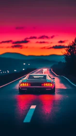 Retro sports car on neon highway at cinematic sunset glow.