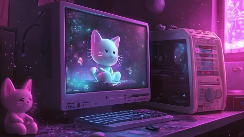 Cozy retro PC world where neon kittens guard the night.
