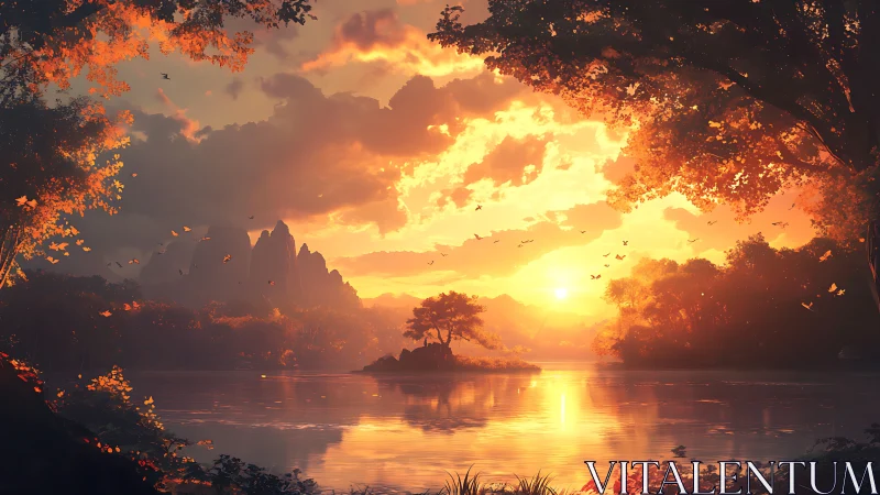 Golden lake sunset over forested mountainscape panorama.