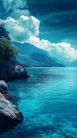 Coastal rock formations border a calm, cyan-toned sea