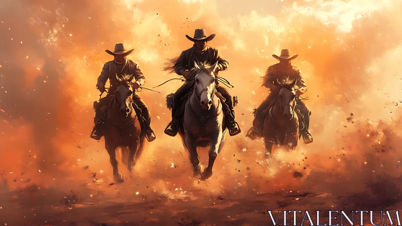Cowboys on horseback moving through dense orange dust cloud.