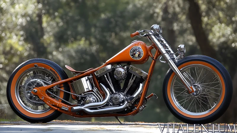 Custom orange chopper motorcycle in outdoor forest setting.