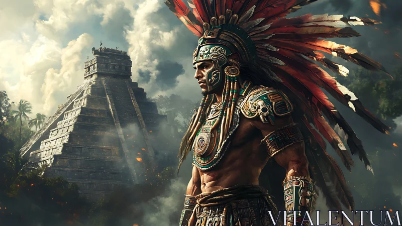 Proud warrior stands before ancient jungle pyramid at dusk.