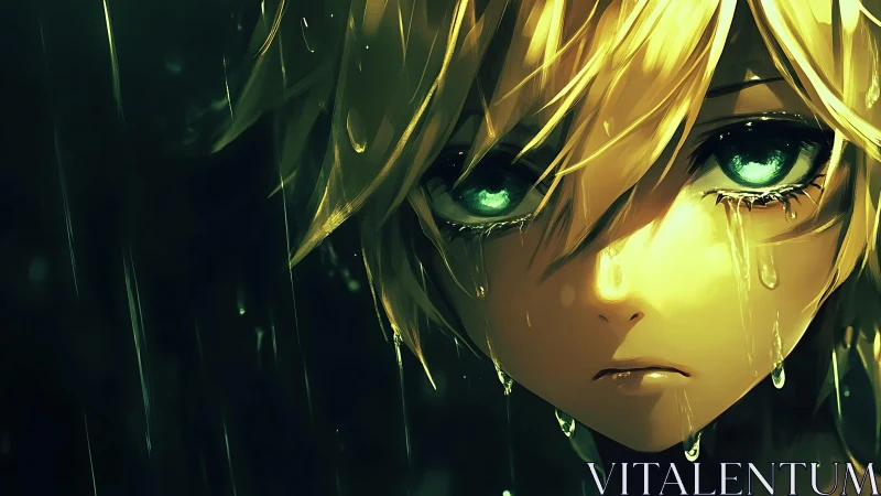 Digital portrait shows close-up anime face under rainfall