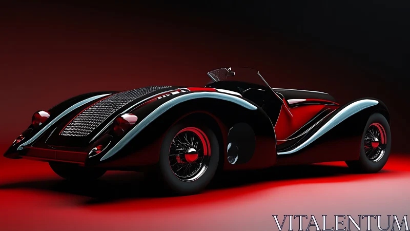 Streamlined retro roadster under dramatic red glow.