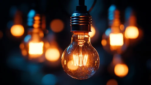 Edison style bulb glowing amid soft defocused bokeh orbs.