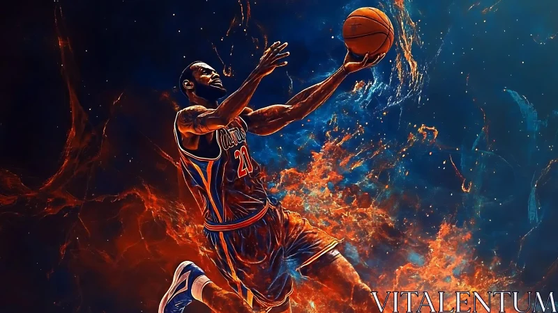 Dynamic basketball layup rendered with fiery particle effects and contrast