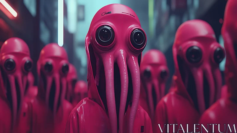 Neon alley procession of glossy pink squid drones.