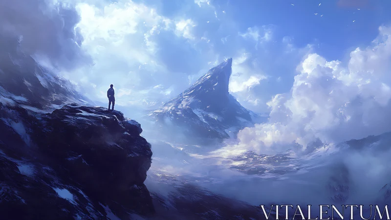 Solitary dreamer gazes toward a distant sunlit mountain peak