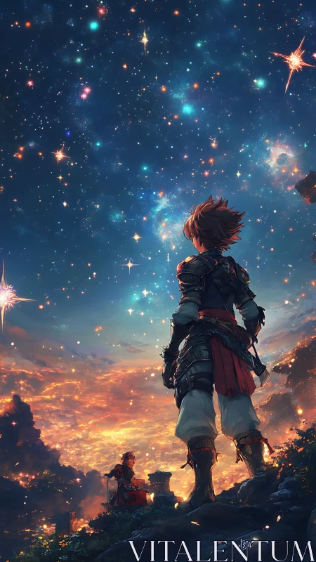 Armored adventurer surveys nebula-sky horizon in dynamic dusk lighting