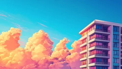 Modern apartment building against vivid sunset clouds.