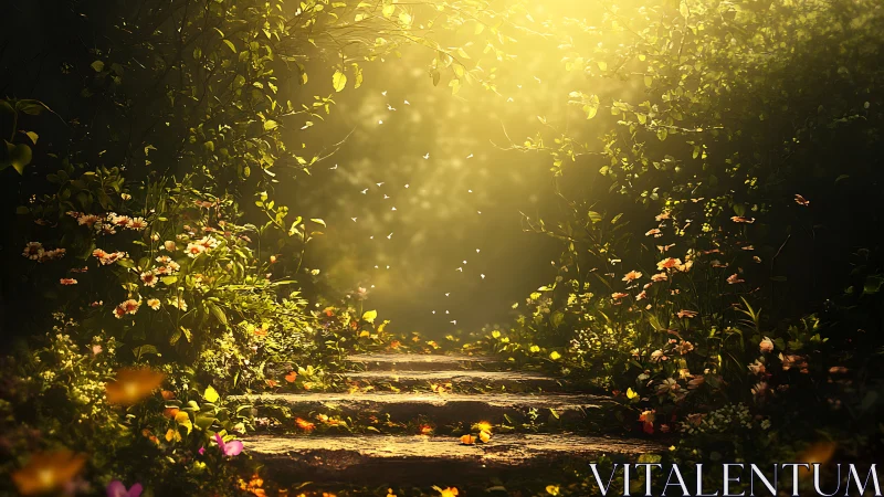 Sunlit garden steps leading toward a secret glowing doorway.