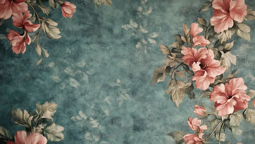 Asymmetrical vintage floral pattern overlays textured teal ground