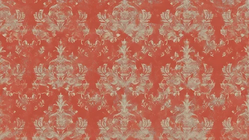 Coral red damask pattern with distressed floral motif.