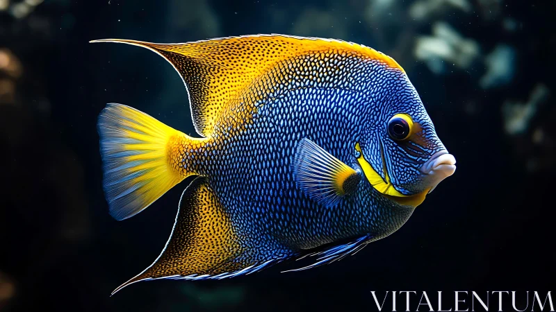 Marine angelfish profile with blue scales and yellow fins.