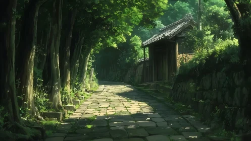 Sunlit stone path passes wooden gate in dense green forest