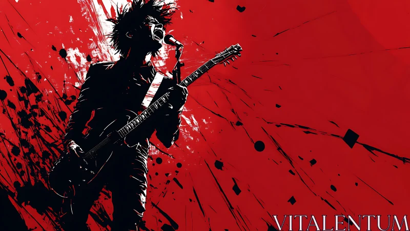Rock guitarist silhouette explodes against red backdrop.