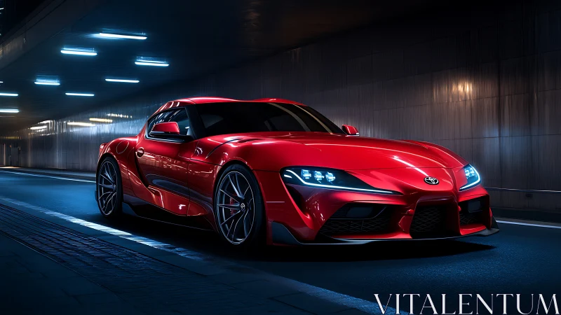 Red sports coupe under tunnel lights with dynamic reflections.