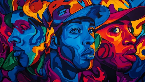 Vivid pop art triptych of three overlapping male faces.