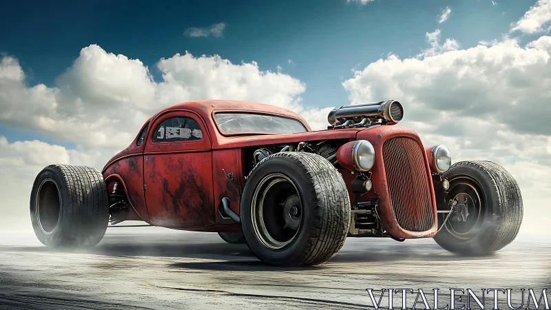 Blown red rat rod storms a sunlit salt flat horizon.