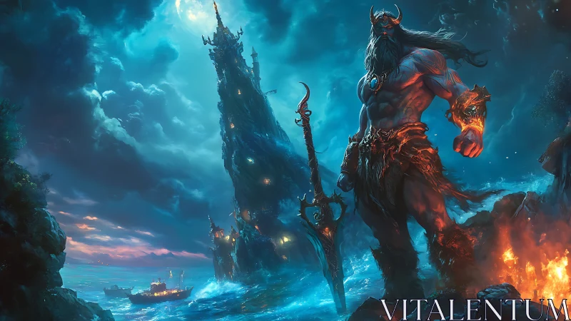 Titanic sea warlord beside blazing shore at stormy dusk.