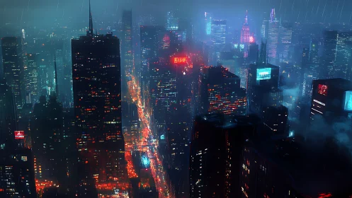 Neon-soaked cyberpunk skyline under cold midnight rain.