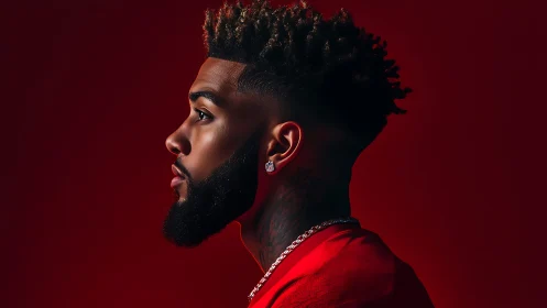 Profile portrait in bold red with confident quiet glow.