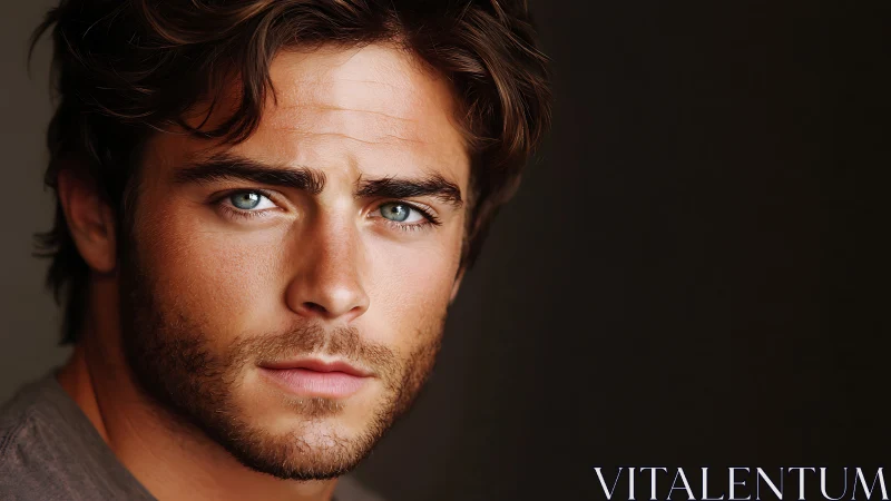 Intense blue-eyed male portrait under warm studio lighting.