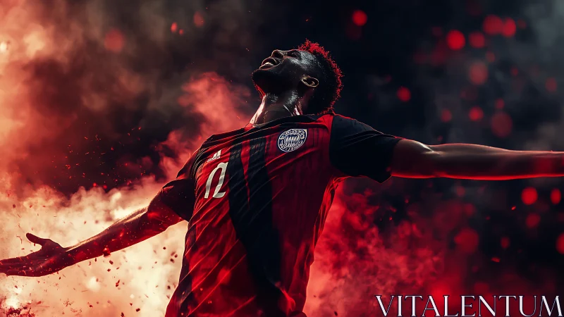 Soccer player in red kit extending arms amid red smoke.