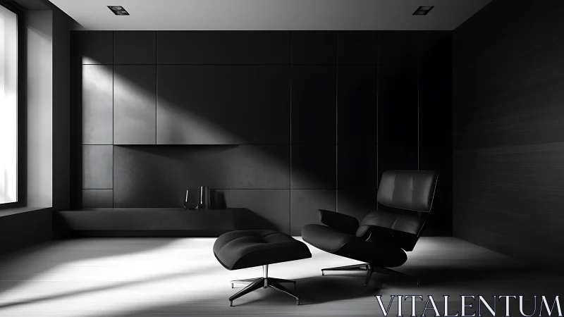 Sculpted black lounge chair in shadowed minimalist interior.