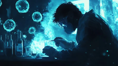 Neon-lit scientist conducts glowing lab experiment at night.