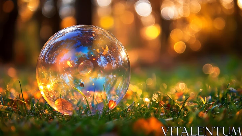 Glowing soap bubble rests softly in a golden autumn meadow