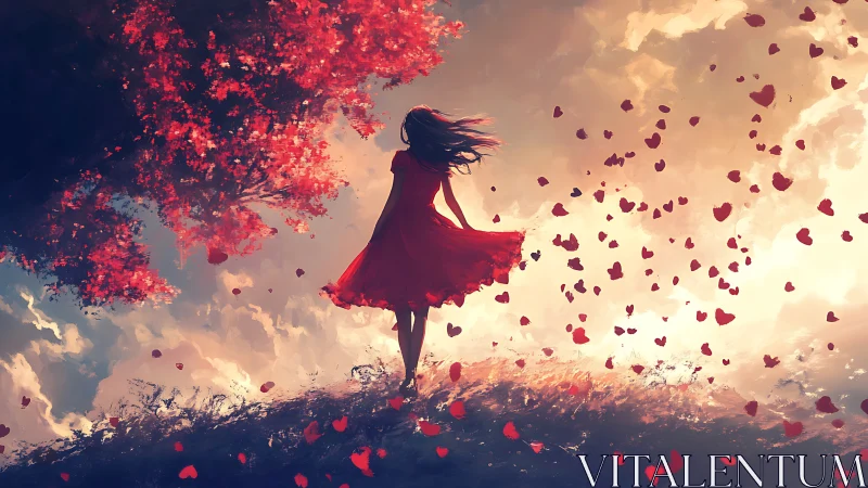 Silhouette of woman in red dress amid drifting heart petals.