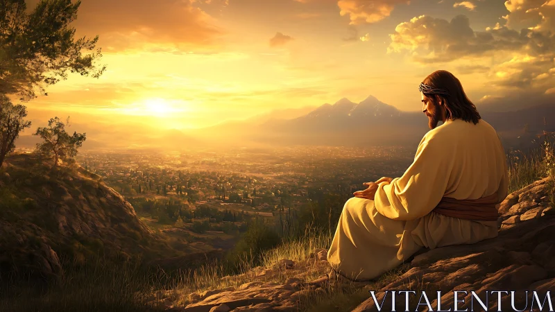Photorealistic sacred figure overlooking sunlit valley panorama.
