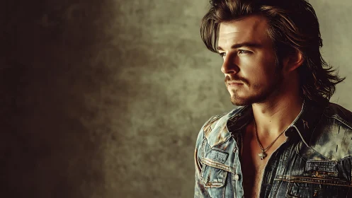 Brooding denim portrait captures rugged masculine allure.