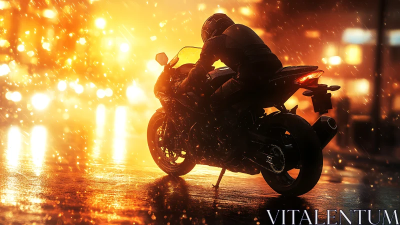 Motorcyclist accelerates through rainlit urban street in bokeh glow