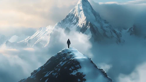 Photorealistic alpine ascent with silhouetted summit figure.