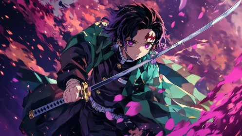 Sword-wielding anime warrior in dynamic cherry blossom vortex