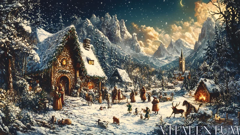 Snow-covered alpine village square with festive night gathering