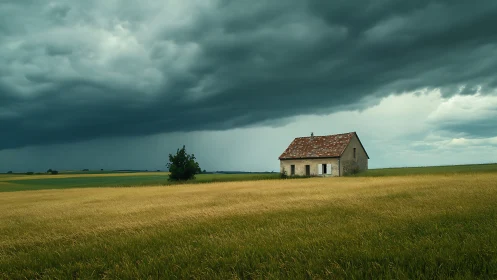 Storm clouds gather above lone farmhouse in wheat field.