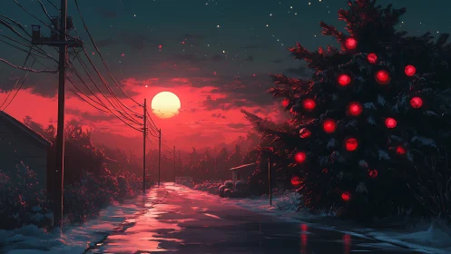 Crimson winter street under low moon and lit pine tree.