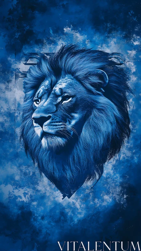 Blue lion portrait with intense gaze on textured sky.