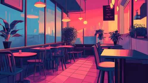 Neon-lit urban caf&eacute; interior in stylized digital painting perspective.
