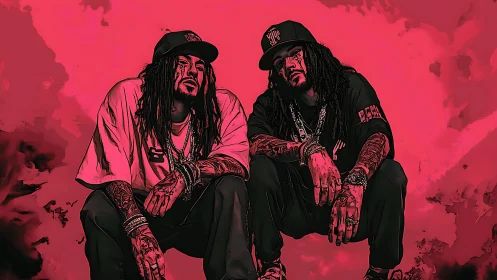 Urban duo portrait in red monotone graphic streetwear styling.