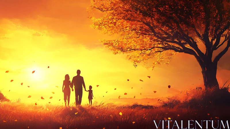 Digital sunset family silhouette under autumn tree panorama.