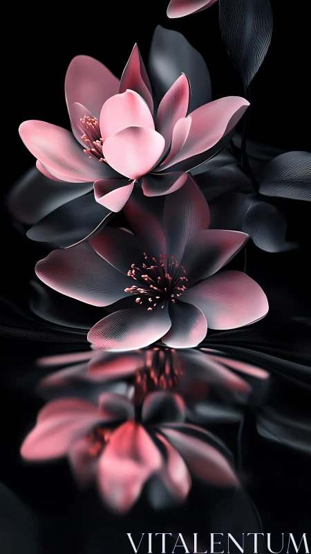 Digital pink lotus forms with reflective surface rendering.