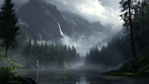 Misty Mountain Lake Surrounded by Coniferous Forests