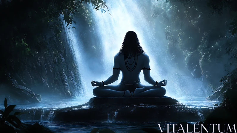 Backlit yogic silhouette meditating before high-contrast waterfall