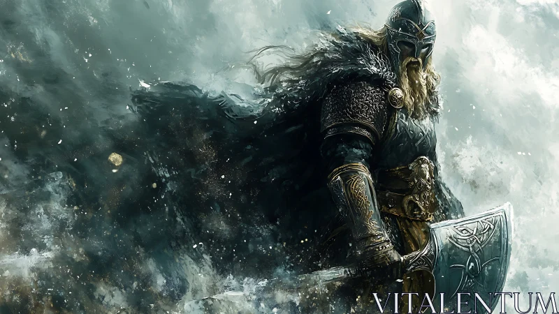 Storm-forged Viking warrior stepping from the swirling mist.