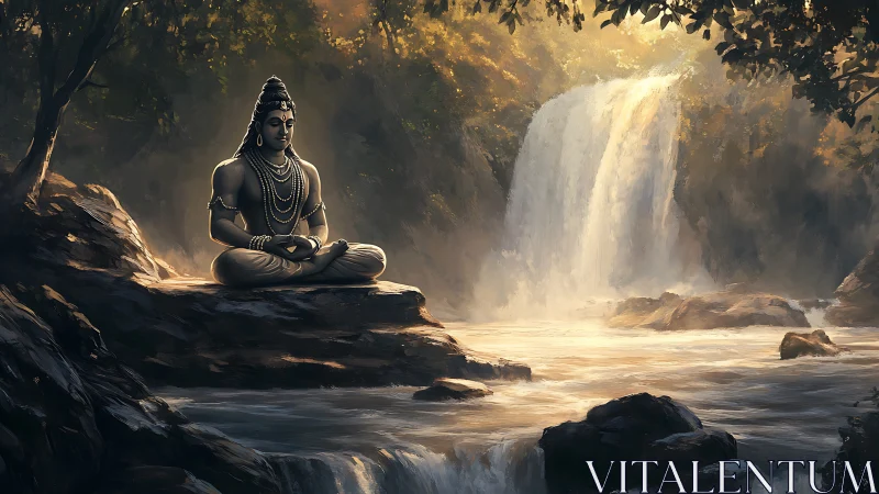 Serene river meditation beside a sunlit forest waterfall.